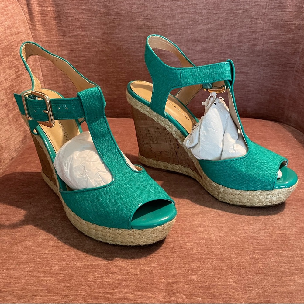Antonio Melani Yardley Turquoise Cork and Jute Wedge Sandal Size 9